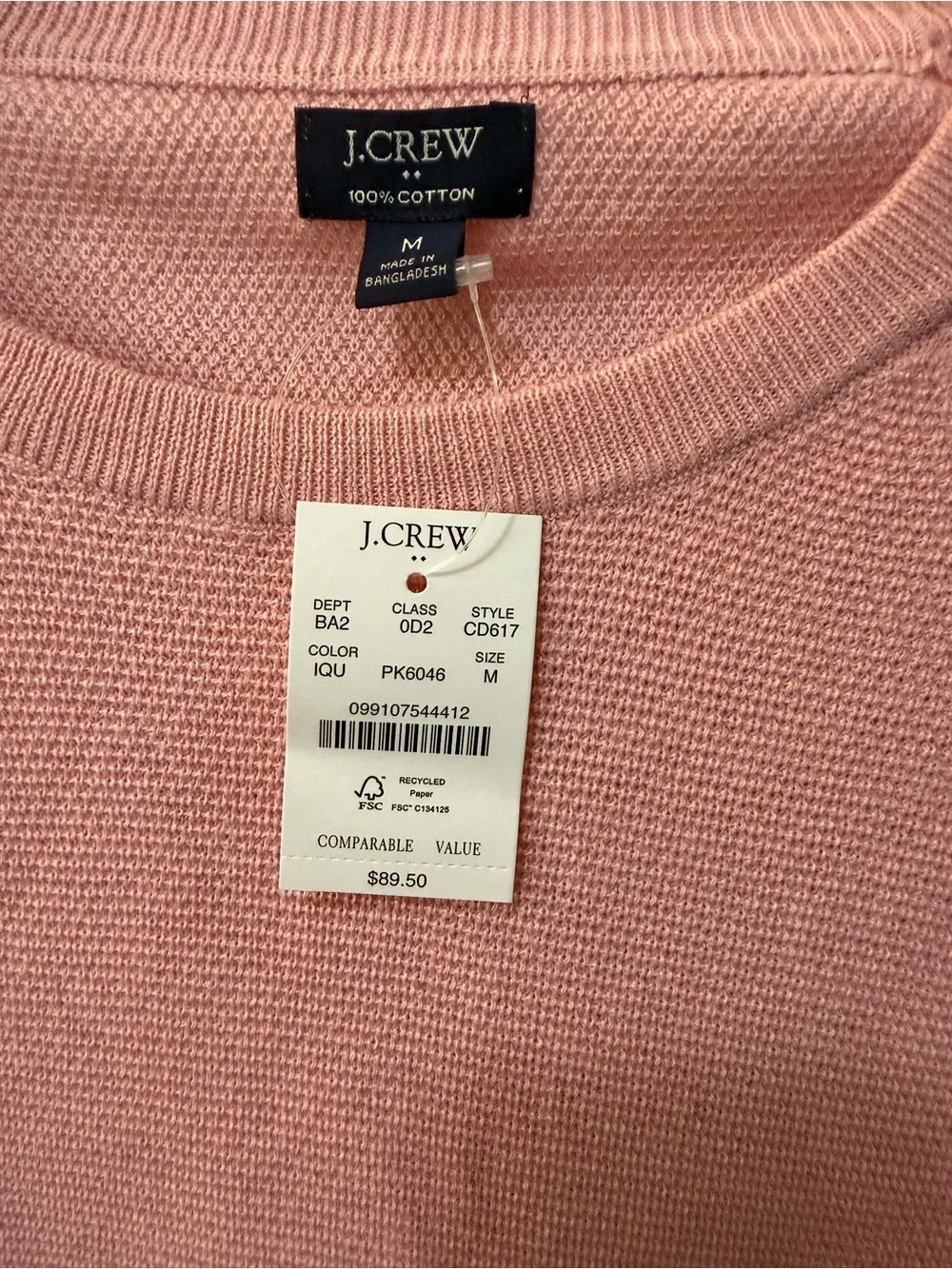 NWT J. Crew Women's Pink Crewneck Cotton Subtle Waffle Knit Sweater Sz M
